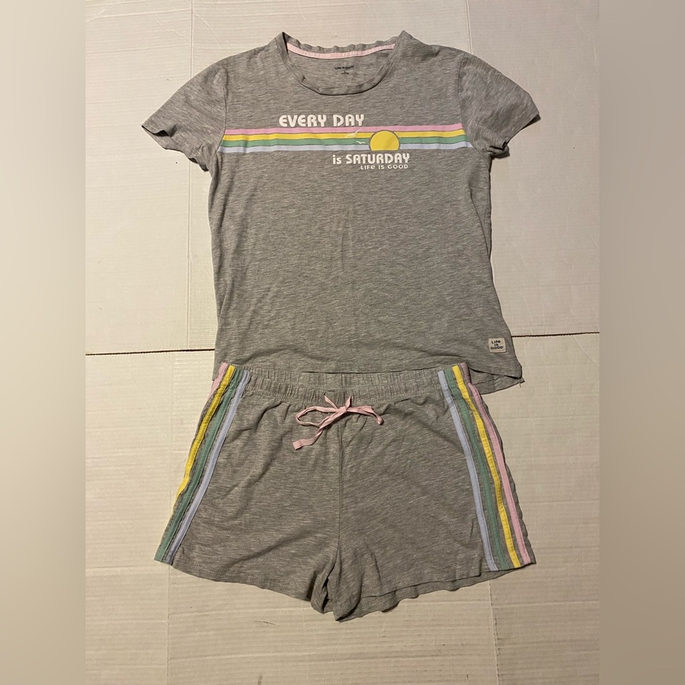 Life Is Good L gray multi striped sleepwear shorts top set “tag hole”